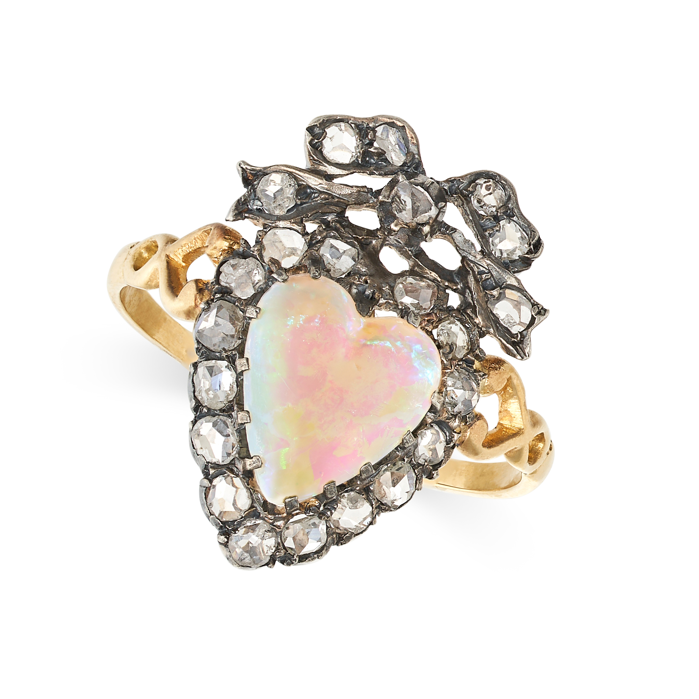 AN OPAL AND DIAMOND SWEETHEART RING in yellow gold and silver, set with a heart shaped cabochon o...