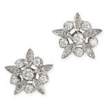 A PAIR OF DIAMOND CLUSTER STUD EARRINGS in 18ct white gold, each designed as a stylised flower se...