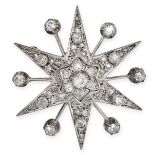 AN ANTIQUE DIAMOND STAR BROOCH designed as a six rayed star, set throughout with old cut and rose...