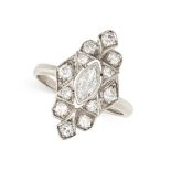 A DIAMOND DRESS RING in 14ct white gold, set with a marquise cut diamond accented by round cut di...