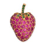 A RUBY AND TSAVORITE GARNET STRAWBERRY BROOCH in 18ct yellow gold, designed as a strawberry set w...