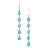 A PAIR OF TURQUOISE DROP EARRINGS in 18ct yellow gold, each set with a row of five oval cabochon ...