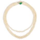 A THREE ROW PEARL AND JADEITE JADE NECKLACE in 14ct yellow gold, comprising three rows of graduat...