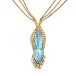 AN AQUAMARINE AND DIAMOND PENDANT NECKLACE in 18ct yellow gold, the pendant set with a fancy cut ...