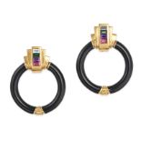 A PAIR OF ONYX, TOURMALINE, AMETHYST AND AQUAMARINE HOOP EARRINGS in 18ct yellow gold, each compr...