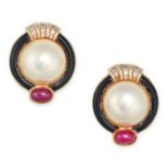 A PAIR OF PEARL, ONYX, RUBY AND DIAMOND EARRINGS in 18ct yellow gold, each set with a mabe pearl ...