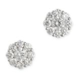 A PAIR OF DIAMOND CLUSTER EARRINGS in 18ct white gold, each set with a round brilliant cut diamon...