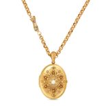 AN ANTIQUE PEARL LOCKET PENDANT AND CHAIN in yellow gold, the hinged oval locket set with a pearl...