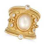 ELIZABETH GAGE, A PEARL AND DIAMOND RING in 18ct yellow gold, set with a pearl of 9.6mm and round...