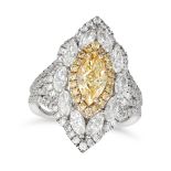A YELLOW AND WHITE DIAMOND CLUSTER RING in 18ct white gold, set with a marquise cut yellow diamon...