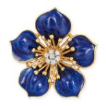 BEN ROSENFELD, A VINTAGE DIAMOND AND ENAMEL FLOWER BROOCH, 1967 in 18ct yellow gold, designed as ...