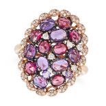 AN AMETHYST, GARNET AND DIAMOND CLUSTER RING in 18ct rose gold, comprising a cluster of oval and ...