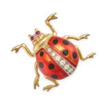 A DIAMOND, ENAMEL AND RUBY LADYBIRD BROOCH in 18ct yellow gold, designed as a ladybird decorated ...