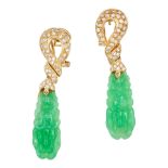 A PAIR OF JADEITE JADE AND DIAMOND DROP EARRINGS in 18ct yellow gold, each comprising a knot moti...