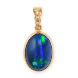 A BLACK OPAL AND DIAMOND PENDANT in 18ct yellow gold, set with a cabochon black opal of 3.40 cara...
