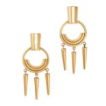 A PAIR OF GOLD DROP EARRINGS in 18ct yellow gold, each designed as a tapered baton suspending a h...