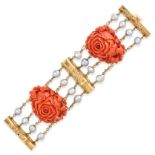 SEAMAN SCHEPPS, A VINTAGE CORAL AND PEARL BRACELET, 1970S in 18ct yellow gold, set with two carve...