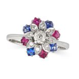 A DIAMOND, SYNTHETIC RUBY AND SAPPHIRE CLUSTER RING in 18ct white gold, set with a round brillian...