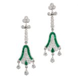 A PAIR OF EMERALD AND DIAMOND DROP EARRINGS in 18ct white gold, each comprising a diamond set tre...