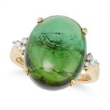 A GREEN TOURMALINE AND DIAMOND RING in 18ct yellow gold, set with an oval cabochon green tourmali...