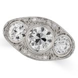 RAYMOND YARD, A DIAMOND THREE STONE RING, CIRCA 1940 set with three old European cut diamonds to ...