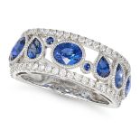 A SAPPHIRE AND DIAMOND DRESS RING in 18ct white gold, set with oval, round and pear cut sapphires...