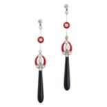 A PAIR OF DIAMOND, ONYX AND LACQUER DROP EARRINGS each set with two old European cut diamonds sus...