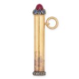 AN ANTIQUE RUBY, SAPPHIRE AND DIAMOND PENCIL PENDANT in yellow gold, the top set with a cabochon ...