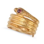 AN ANTIQUE GARNET SNAKE RING in yellow gold, designed as a coiled snake with a round cabochon gar...