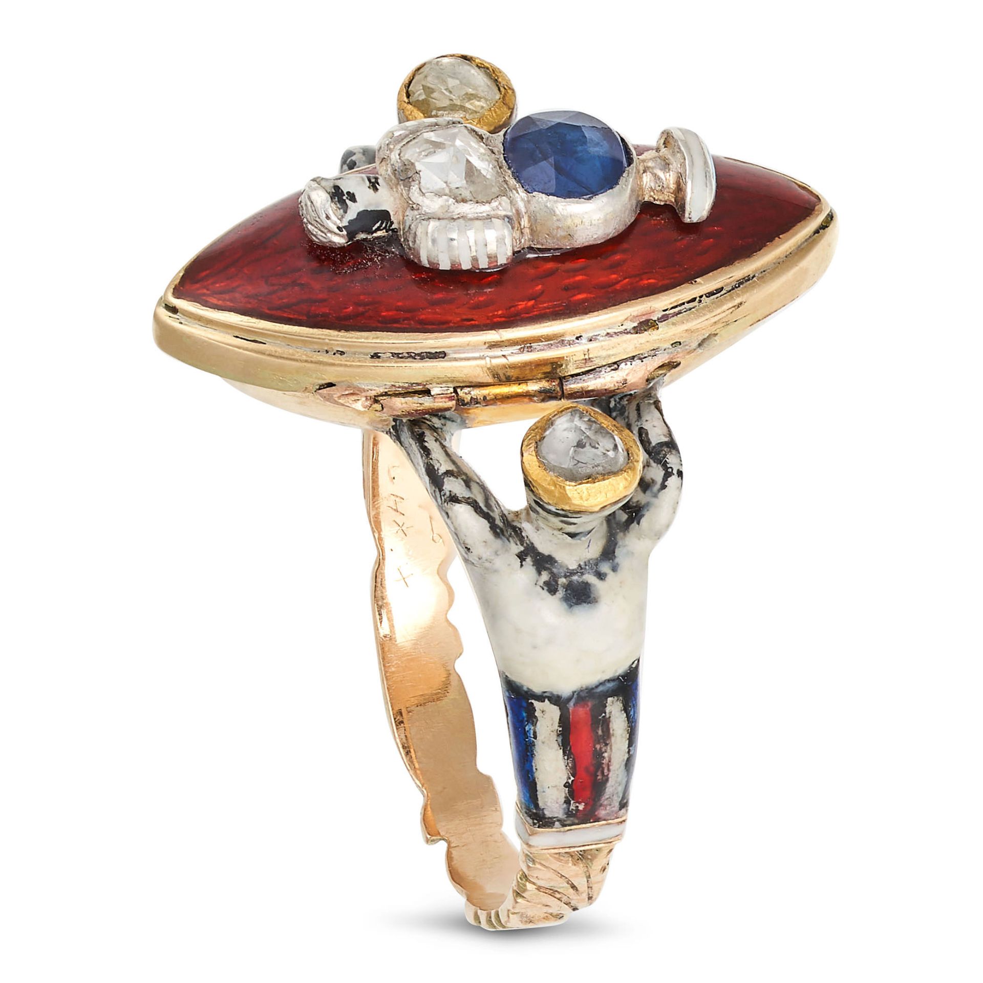 AN ANTIQUE SAPPHIRE, DIAMOND AND ENAMEL MOURNING LOCKET RING, 19TH CENTURY in yellow gold, the na... - Image 2 of 2