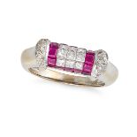 A RUBY AND DIAMOND DRESS RING in 18ct white gold, set with princess and round brilliant cut diamo...