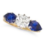 A FINE SAPPHIRE AND DIAMOND THREE STONE RING in 18ct yellow gold, set with an old cut diamond of ...