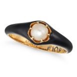 AN ANTIQUE VICTORIAN PEARL AND ENAMEL RING in 18ct yellow gold, set with a pearl, the band decora...