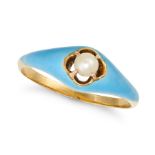 AN ANTIQUE PEARL AND ENAMEL RING in yellow gold, set with a pearl, the band decorated with turquo...
