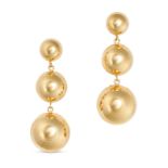 A PAIR OF LARGE GOLD DROP EARRINGS in 18ct yellow gold, each comprising a row of three graduated ...