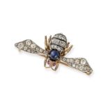 A FINE ANTIQUE SAPPHIRE, DIAMOND, RUBY AND ENAMEL BEE BROOCH in yellow gold and silver, the body ...