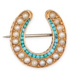 AN ANTIQUE TURQUOISE AND PEARL HORSESHOE BROOCH in yellow gold, designed as a horseshoe set with ...