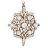 AN ANTIQUE DIAMOND BROOCH / PENDANT in yellow gold and silver, the openwork body set throughout w...