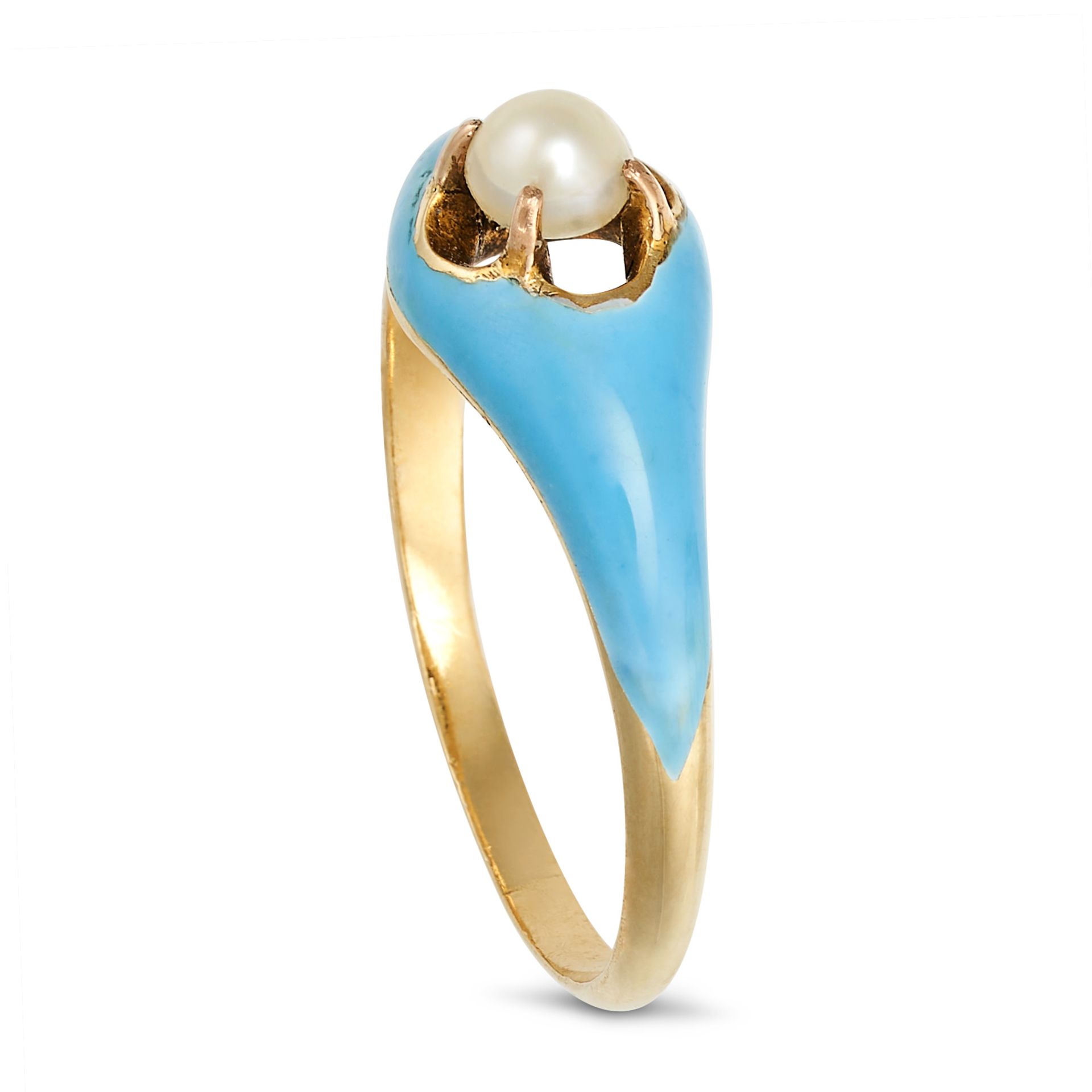 AN ANTIQUE PEARL AND ENAMEL RING in yellow gold, set with a pearl, the band decorated with turquo... - Image 2 of 2