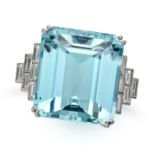 A FINE AQUAMARINE AND DIAMOND RING set with an octagonal step cut aquamarine of 29.39 carats, the...