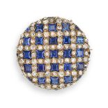 A FINE ANTIQUE SAPPHIRE AND DIAMOND LOCKET BROOCH in yellow gold, the circular body set with fanc...