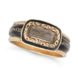 AN ANTIQUE GEORGIAN ENAMEL MOURNING RING in yellow gold, decorated in black enamel with the words...
