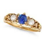 A SAPPHIRE AND PEARL RING set with a cushion cut sapphire accented on each side by a pearl, no as...