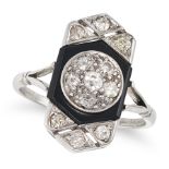 A VINTAGE ONYX AND DIAMOND RING set with a cluster of single cut diamonds in a border of polished...