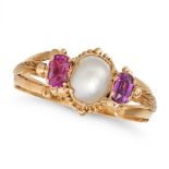 AN ANTIQUE PEARL AND RUBY RING in yellow gold, set with a pearl between two cushion cut rubies, a...