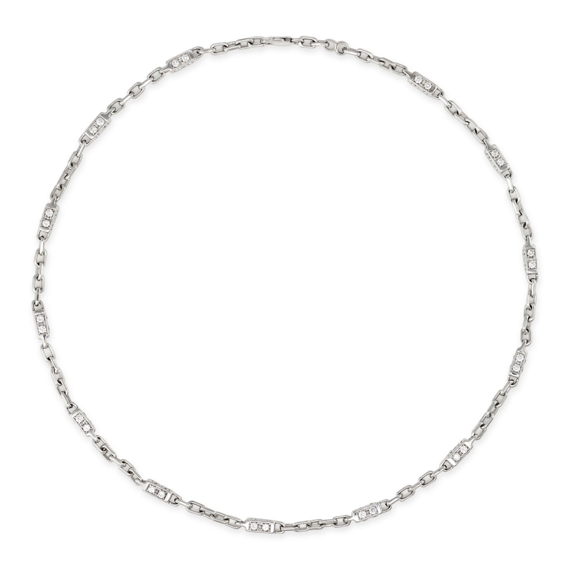 A DIAMOND CHAIN NECKLACE in 18ct white gold, comprising a series of trace and geometric links set...