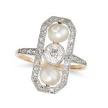 AN ANTIQUE PEARL AND DIAMOND RING, EARLY 20TH CENTURY in yellow gold, the openwork face set with ...
