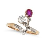AN ANTIQUE RUBY AND DIAMOND DRESS RING in yellow gold, set with a cushion cut ruby and an old cut...