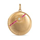 AN ANTIQUE RUBY AND DIAMOND LOCKET PENDANT, EARLY 20TH CENTURY in yellow gold, the round hinged b...