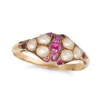 AN ANTIQUE RUBY AND PEARL RING in yellow gold, set with two trios of pearls accented by cushion a...